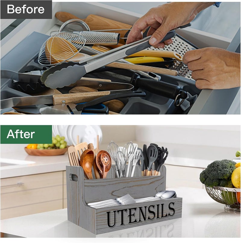Suli Kitchen Utensils Holder, White Wooden Utensil Organizer for Kitchen Countertop, Farmhouse Utensil Storage, Rustic Cooking Utensils ,4 Compartments,- Grey Grain - Image 3